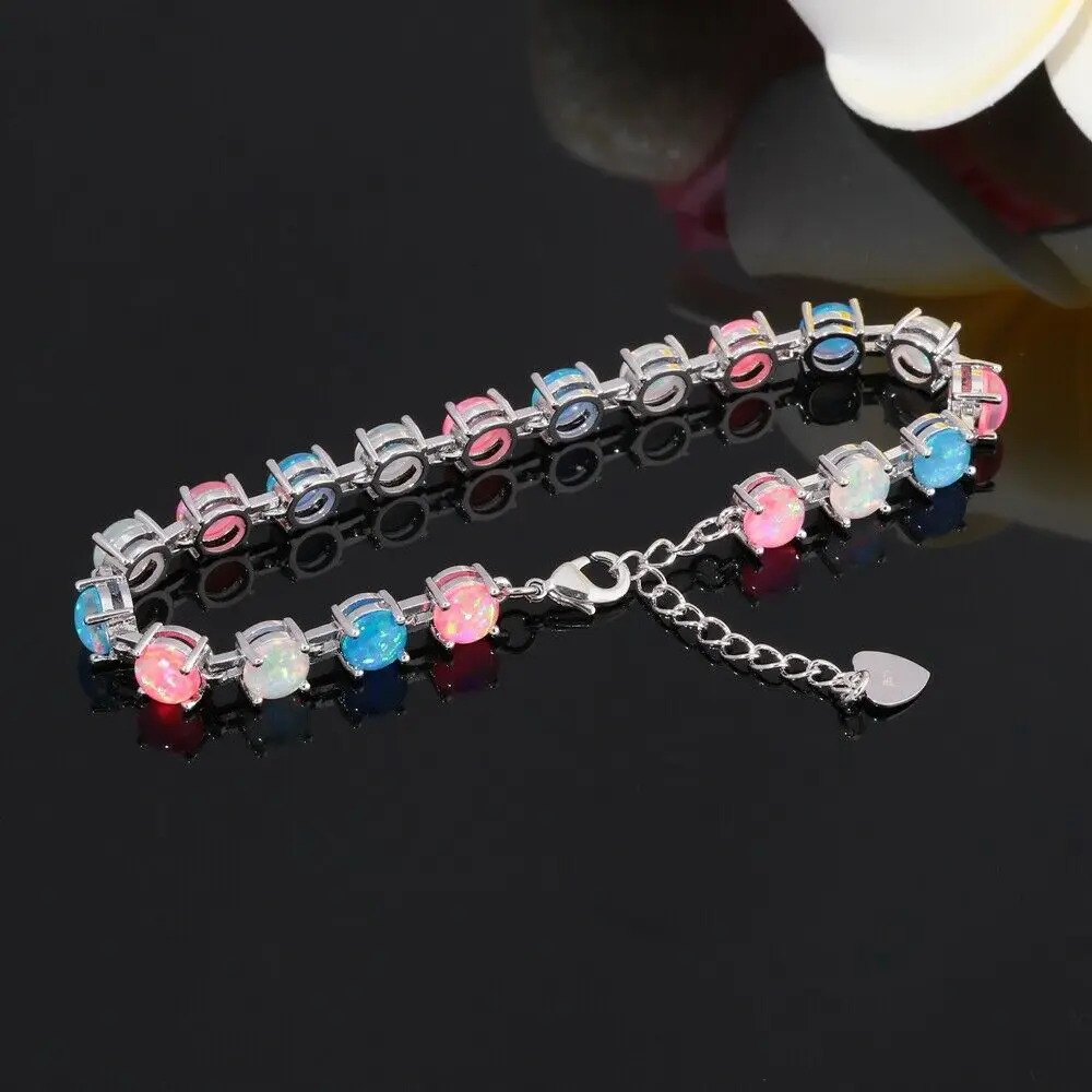 CiNily Rainbow Fire Opal Link Chain Bracelets Silver Plated White Blue Pink Stone Bohemia BOHO Jewelry Best Gift for Girl Women