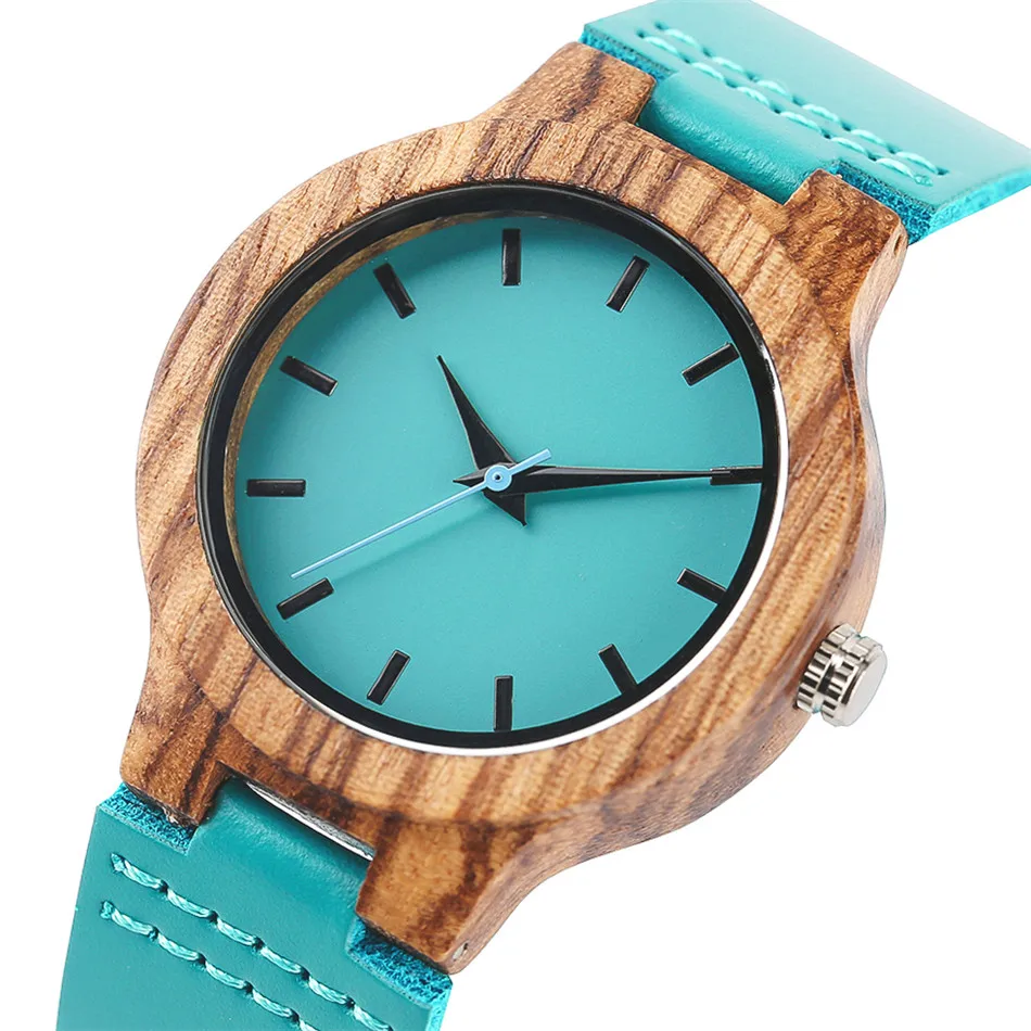 Reloj de cuarzo de cuero genuino azul único para hombres y mujeres, caja de reloj de madera de cebra minimalista, relojes de pulsera para pareja,