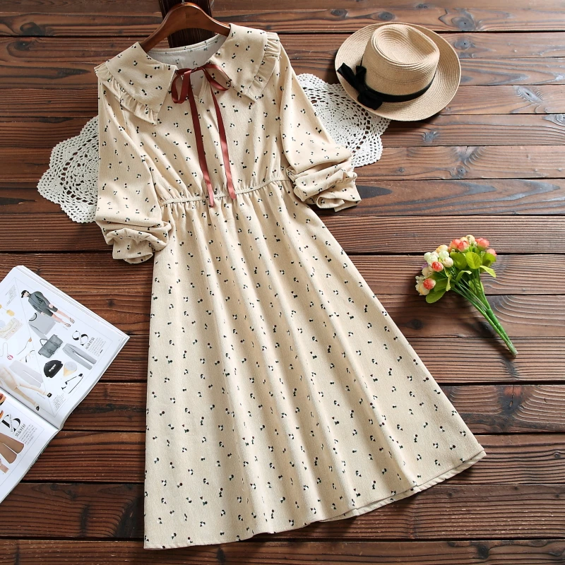 Mori girl cute kawaii print sweet dress new autumn fashion bow long sleeve corduroy women vintage vestidos