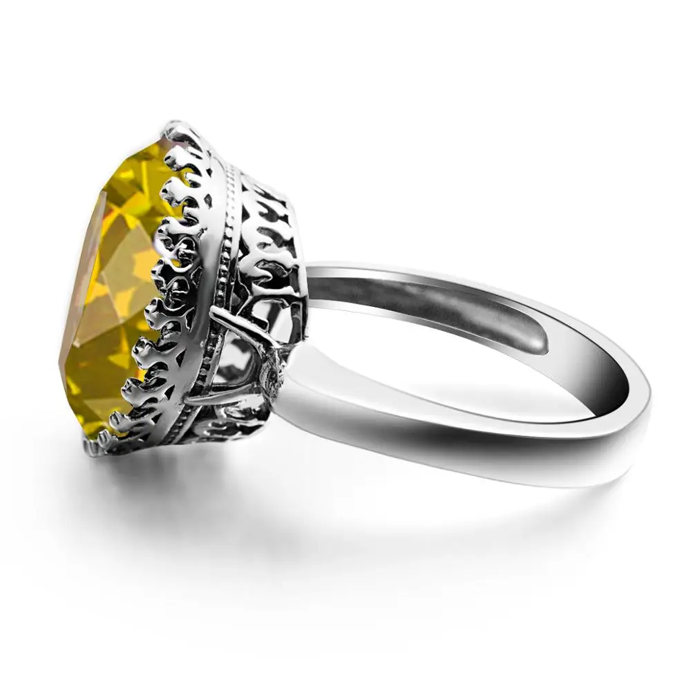 Szjinao Massive 16*16mm Citrine Rings For Women Sterling Silver 925 Round Stone Gothic Vintage Jewelry Anniversary birthstone FD