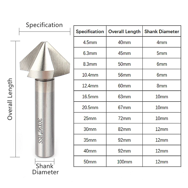 Versery-Countersink Chamfering Ferramenta Brocas, aço inoxidável, liga de alumínio, 3 flauta, 90 graus, HSS, M2, 6542, 4,5-50mm