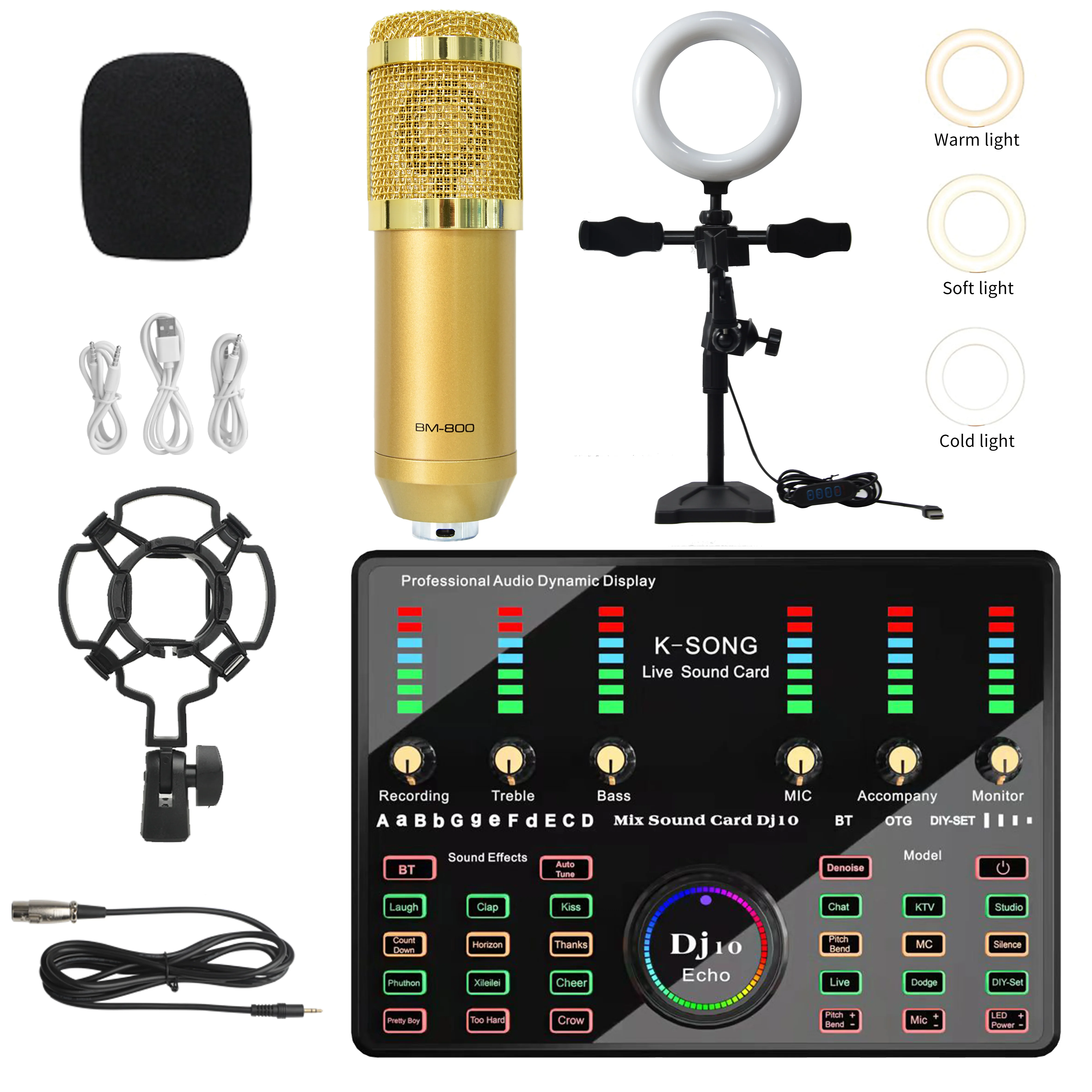 BM 800 전문 콘덴서 마이크 (PC 폰용 링 필 라이트 포함) 라이브 스트리밍 키트 가라오케 노래 게임 마이크 스탠드