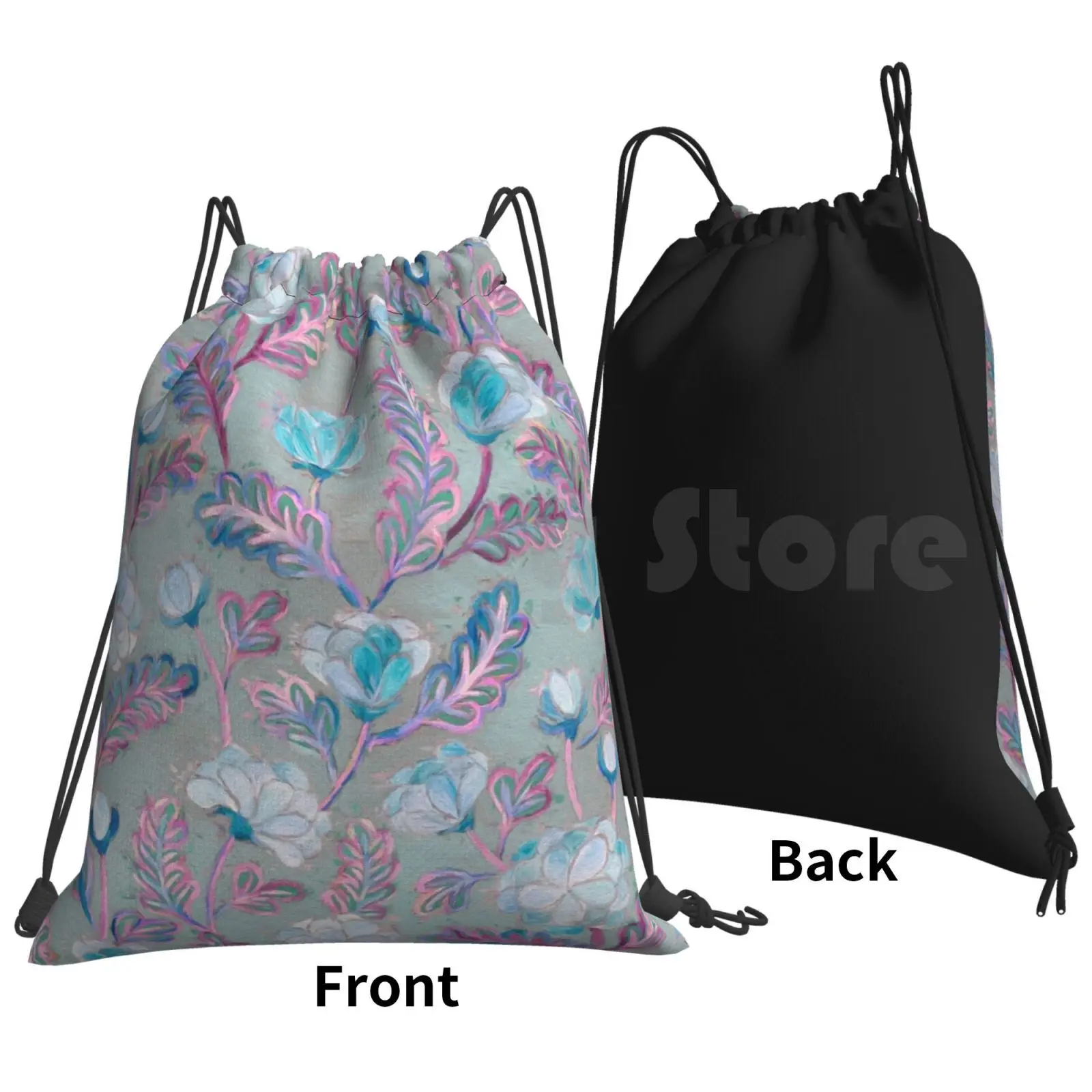 Soft Smudgy Blue And Purple Floral Pattern Backpack Drawstring Bags Gym Bag Waterproof Floral Summer Flowers Leaves Leaf