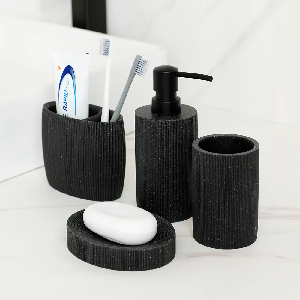 Black Bathroom Accessories  with Toothbrush Holder Soap Dispenser  Tumbler Cups Soap Dish an Toilet Brush Holder