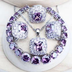 Roxo Zircônia Conjuntos De Jóias De Noiva para Mulheres, Traje Fino, Brincos De Casamento, Anéis, Pulseiras, Pingente, Colar, Prata 925