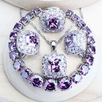 Purple zircon women bridal jewelry sets silver 925 fine jewellery necklace wedding earrings ring bracelet pendant necklace