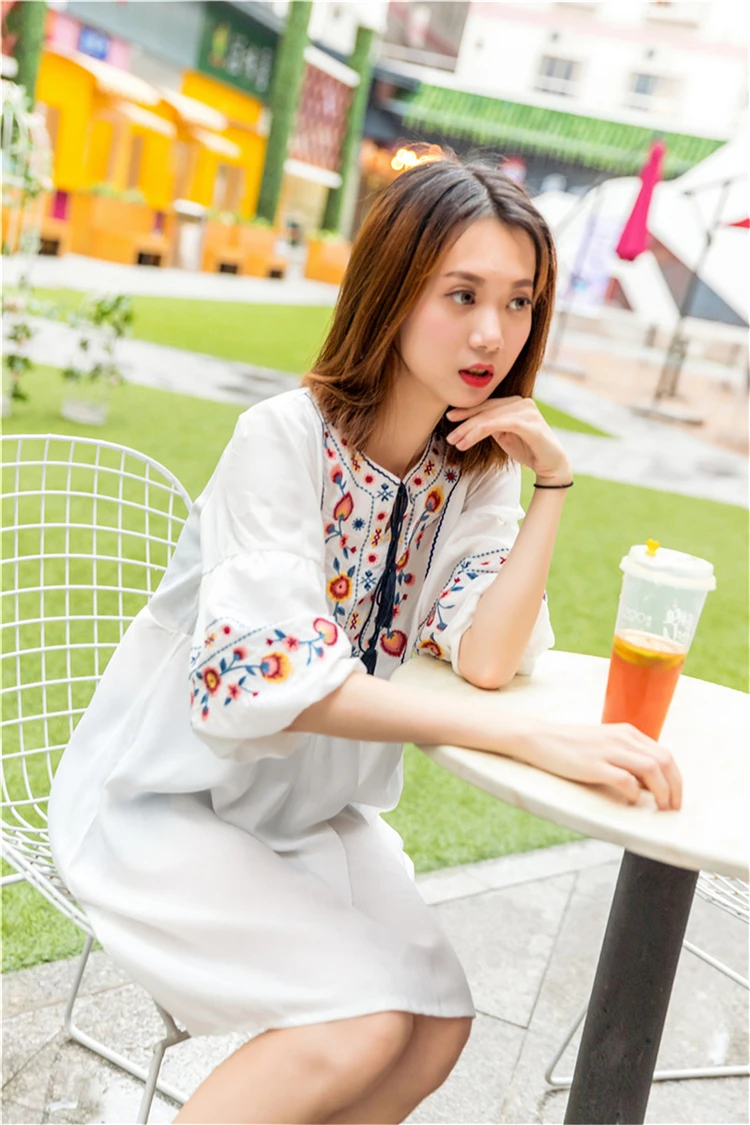 Women Vintage Floral Embroidery Dresses Bow Tie Lantern Long Sleeve Casual Brand Loose Pleated Dresses Elegant Boho Dress