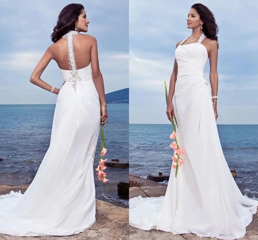 Summer Beach Wedding Dres 2024 Halter Neck Appliques Chiffon Formal Casual Bride Gown Customed Robe De Mairee