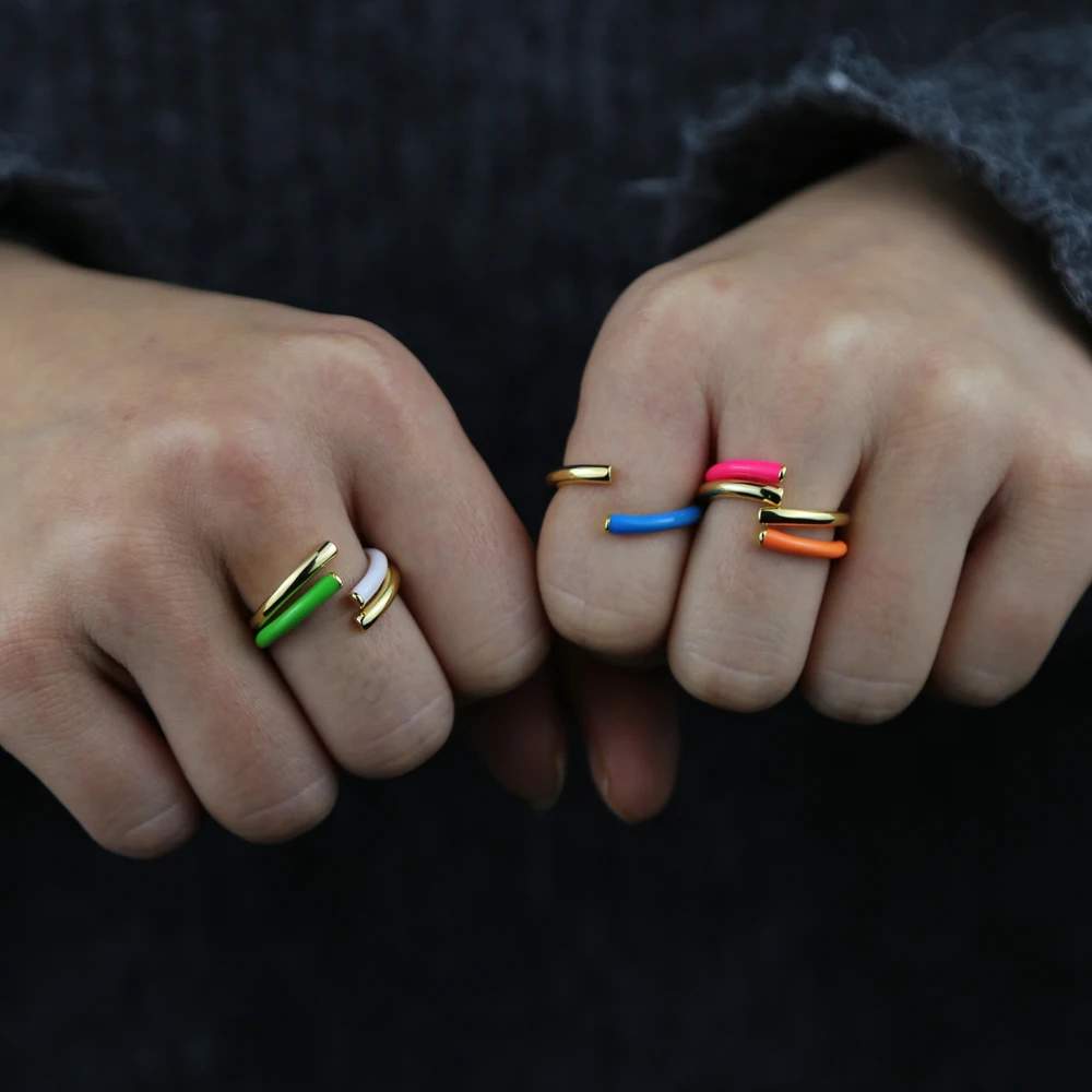 Rainbow Colorful Fashion Women Jewelry Open Adjusted Size Gold Color Neon Enamel Stacking Stack Finger Rings