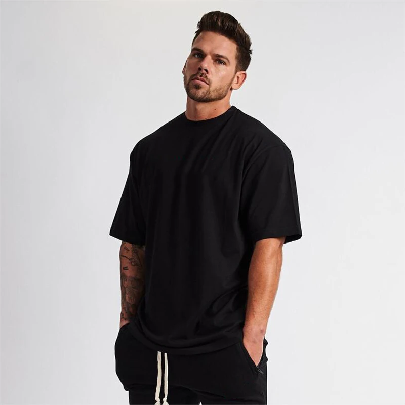 Plain Gym Clothing Fitness Wear Oversized T Shirt Men Hip Hop Sportswear Loose Short Sleeve T-shirt Muscle Bodybuilding Tshirt