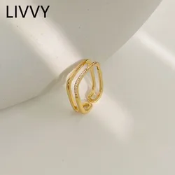 LIVVY Silver Color Double Layer zircon Rectangle Open Rings For Women Korea Style Fine Jewelry New Year Gift