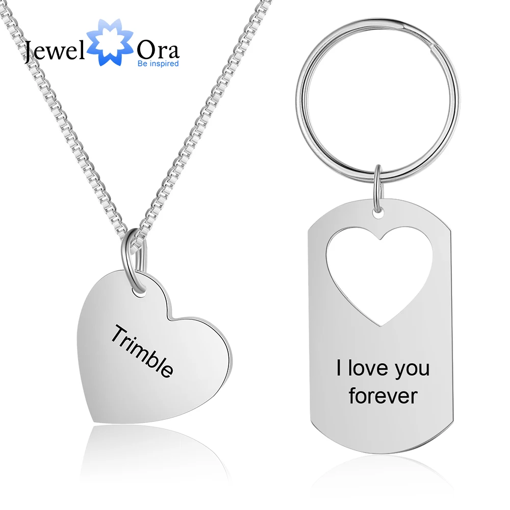 JewelOra Customized Engraving Necklace Keychains Set Personalized Name Father Daughter Set Mother Kids Jewelry Gifts