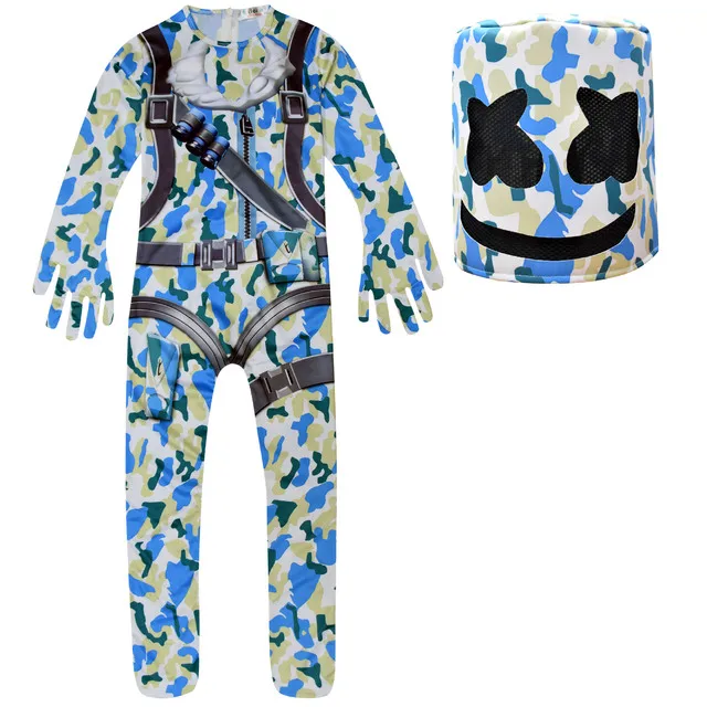 Kids Popular DJ Marshmello Cosplay Halloween Costume with Headgear Boys Girls Jumpsuit Carnival Party Performance  Bodysuit