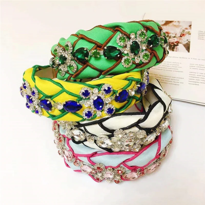 2022 New Colorful Baroque Sparkly Rhinestones Headbands Luxury Crystal Hairbands For Women Wide Print Cloth Headwear Accessories