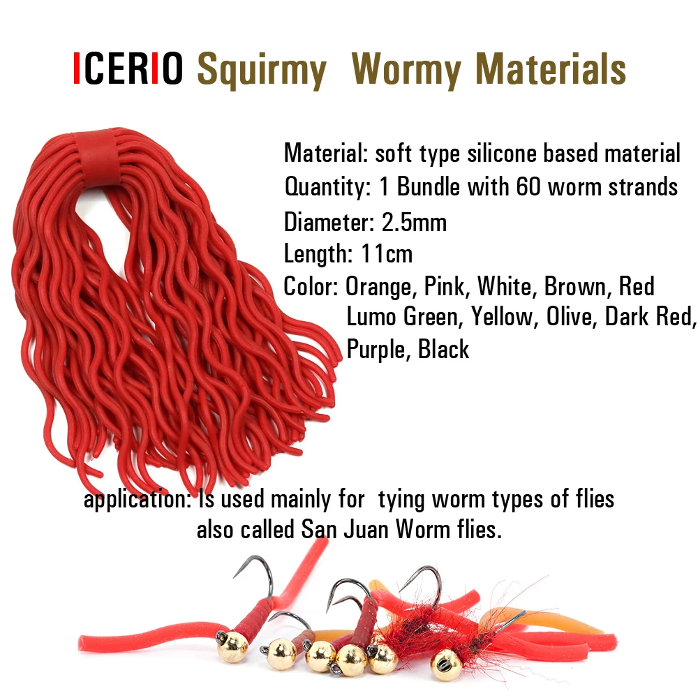 ICERIO 60 strands Soft Silicone Worm String Squirmy Wormy Fly Tying Material San Juan Worm Flies Nymph Lure Baits Materials