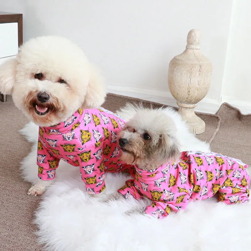 Pet Dog Jumpsuit Thin 100%Cotton Printed Overalls Puppy Clothes Protect Belly Stretchy Pajamas For Small Dogs Poodle Home Wear