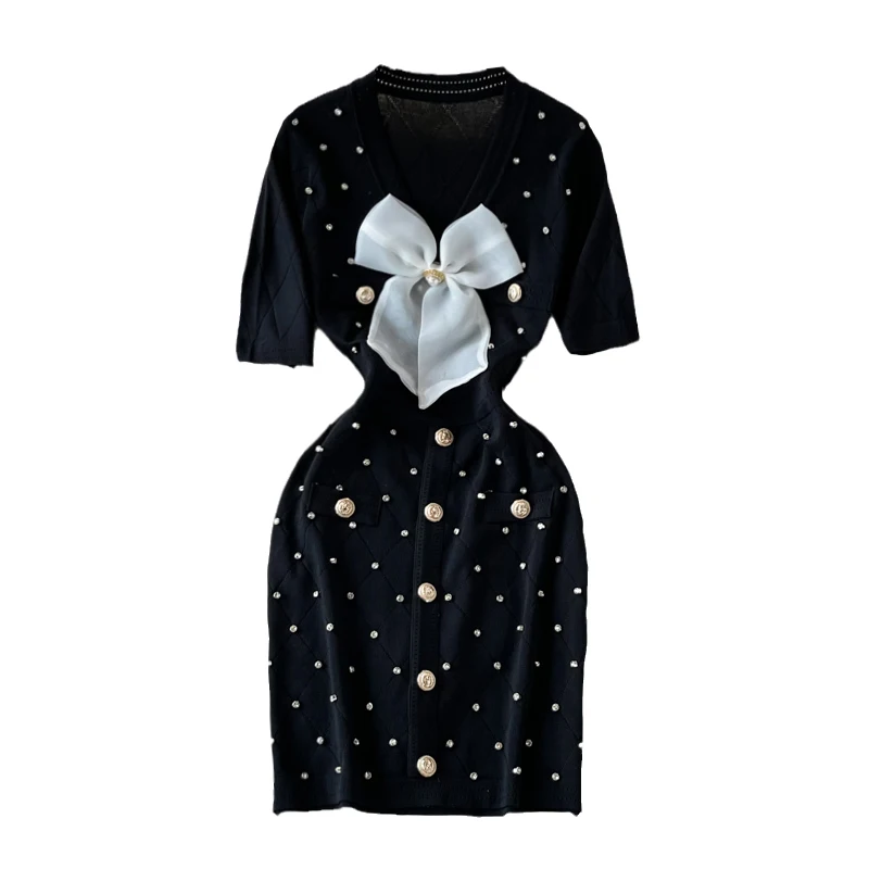 

Summer Women Sexy V-Neck Short Sleeve Slim Mini Dress High Quality Embroidered Flares Bow Diamond Lattice Knitted Dress