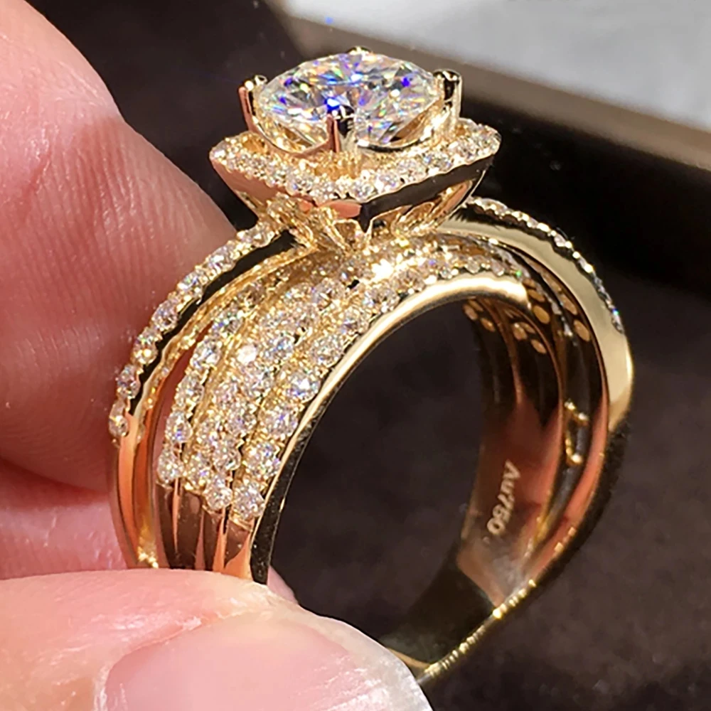 18K Au750 Yellow Gold Ring Moissanite Diamonds 1 2 34 5 Ct Round 5 Lap Luxurious Flash Wedding Party Engagement Anniversary Ring