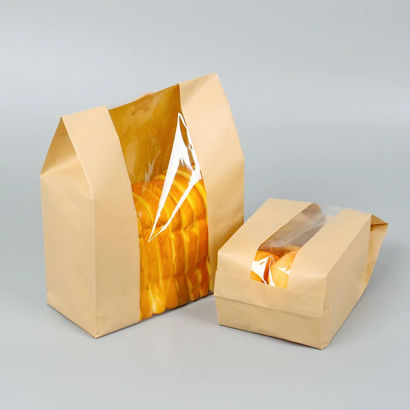 Kraft Paper Bread Clear, Avoid Oil, Packing Toast with Window, Baking Takeaway Food Package, Party Cake Bag, 50Pcs