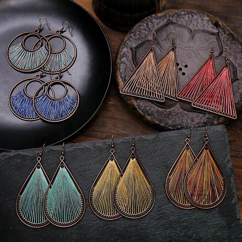 2021 Fashion Jewelry Golden Plated Big Triangle Round Hanging Drop Earring Handmade Colorful Silk Thread Earrings for Women Girl