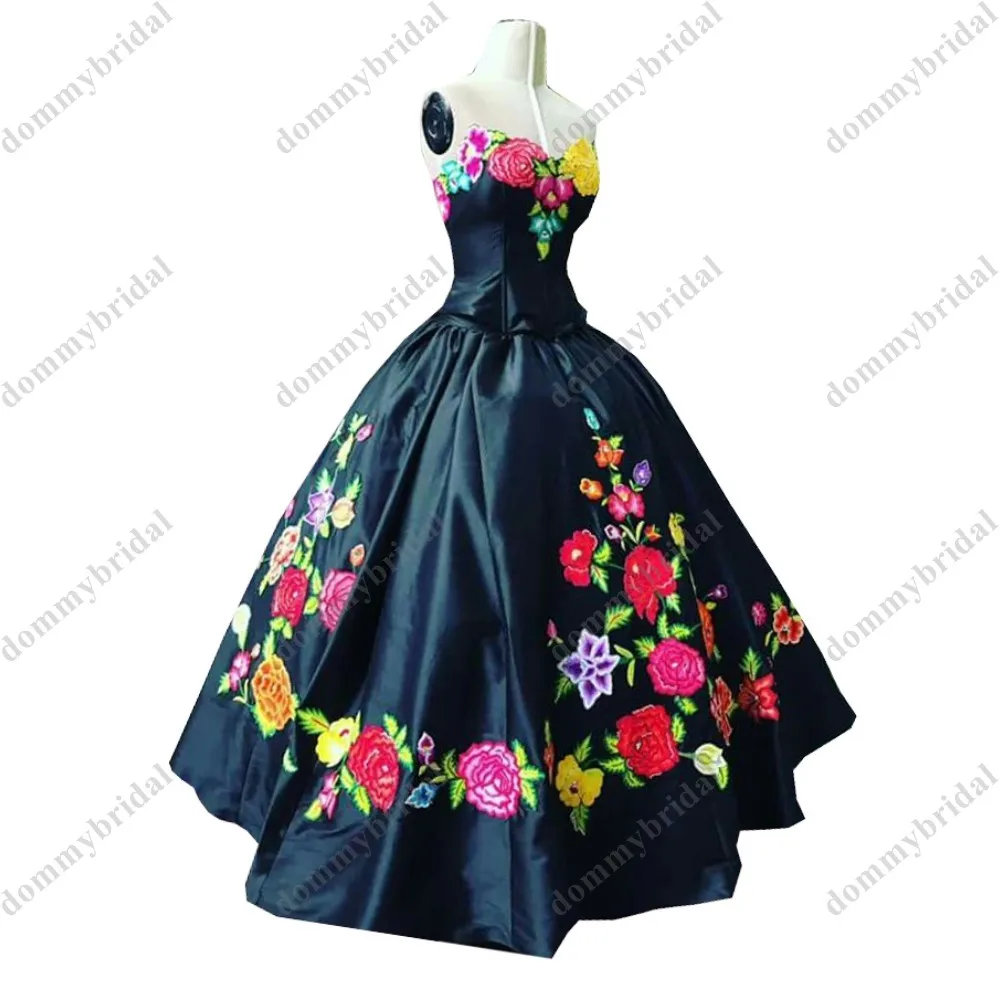 Sexy Black Colorful Flower Embroidered Ball Gown Sweetheart Mexican Quinceanera Dresses Charro XV Sweet 15 16 Women Girl Prom