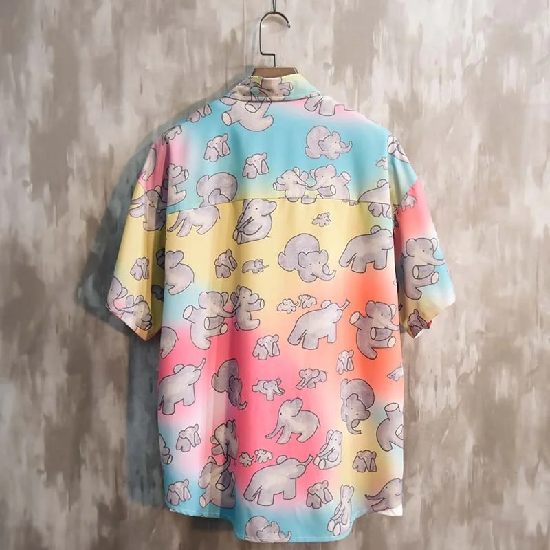 

Mixed Summer Colors Print Shirt Mens New Turn-Down Collar Single Breasted Loose Short Sleeve Straight Casual Male Blouse