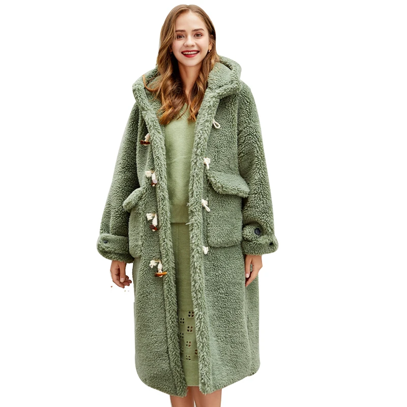 

Horn Buckle European and American Fur Faux Fur Lalambswool Large Particle Long Hooded Plush Jacket