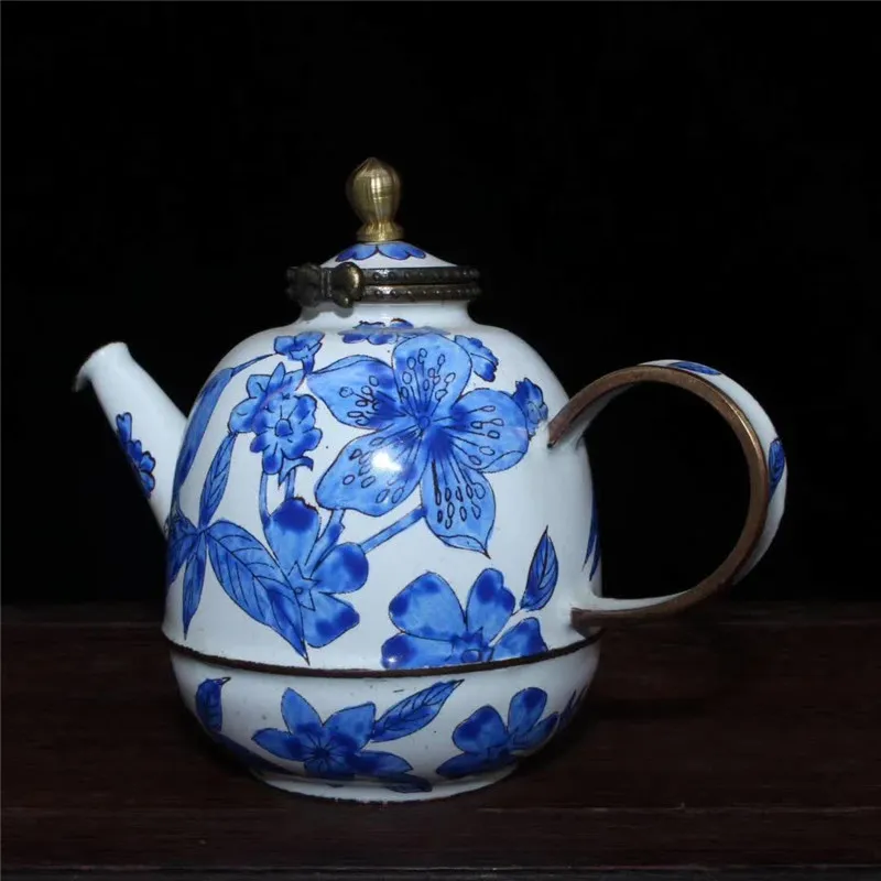 Collection Chinese Hand-made Red Copper Painting Flower Bird Teapot Water Pot Exquisite Gift Fengshui Home Decoration