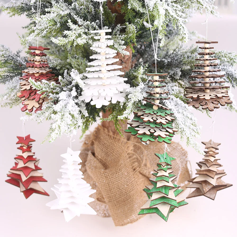 1pc five-pointed star snowflake Christmas Hanging Ornaments DIY wooden Xmas Gift Tree Pendant 3D Christmas Decorations For Home