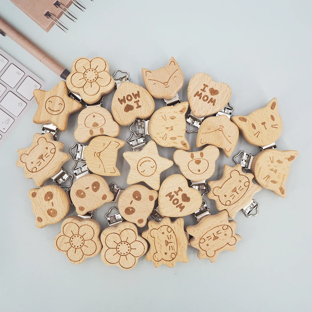 Chenkai 5PCS Wooden Bear Car Heart Bird Elephant Round Star Clips BPA Free For DIY Baby Nature Pacifier Chain Gifts