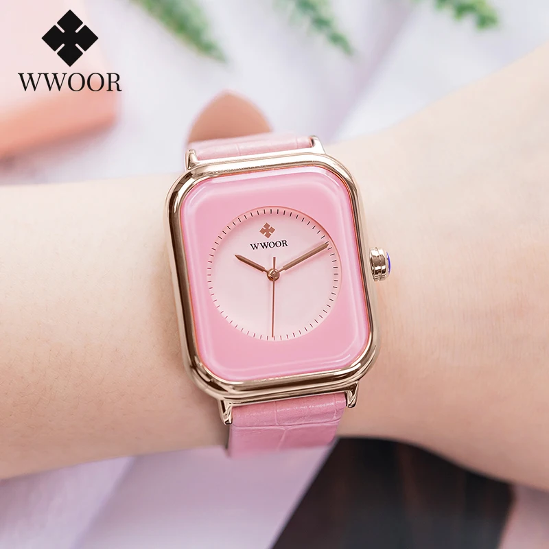 WWOOR Rectangle Watches For Women Fashion Pink Ladies Watch 2023 Top Brand Luxury Geneva Design Quartz Leather Girls Wrist Watch