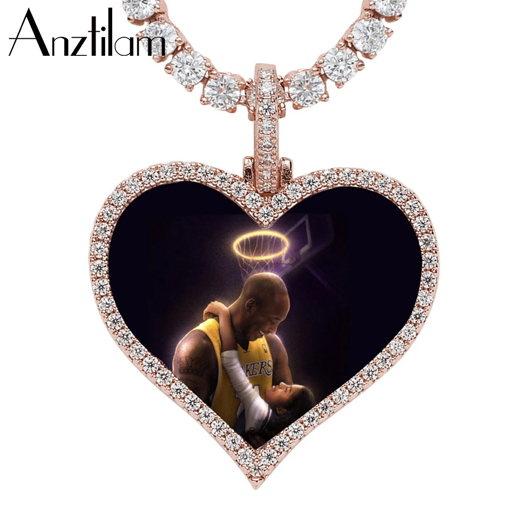 

Anztilam Hip Hop Custom Made Photo Heart Necklace Pendant With 3mm Tennis Chain Bling Zircon Men's DIY Jewelry