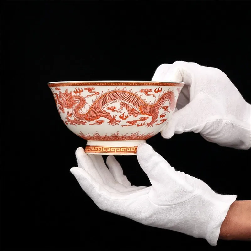 Qing Dynasty Qianlong Year Mark Bowl Alum Red Dragon Painting Gold Double Dragon Pattern Bowl Antique Porcelain Collection