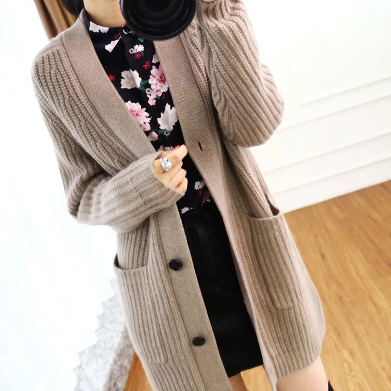 Women's Cashmere Wool Sweater, Knitted Casual Long Style Cardigan, V-Neck, Button Soft Sweater, Long Sleeve Dress, Winter, New