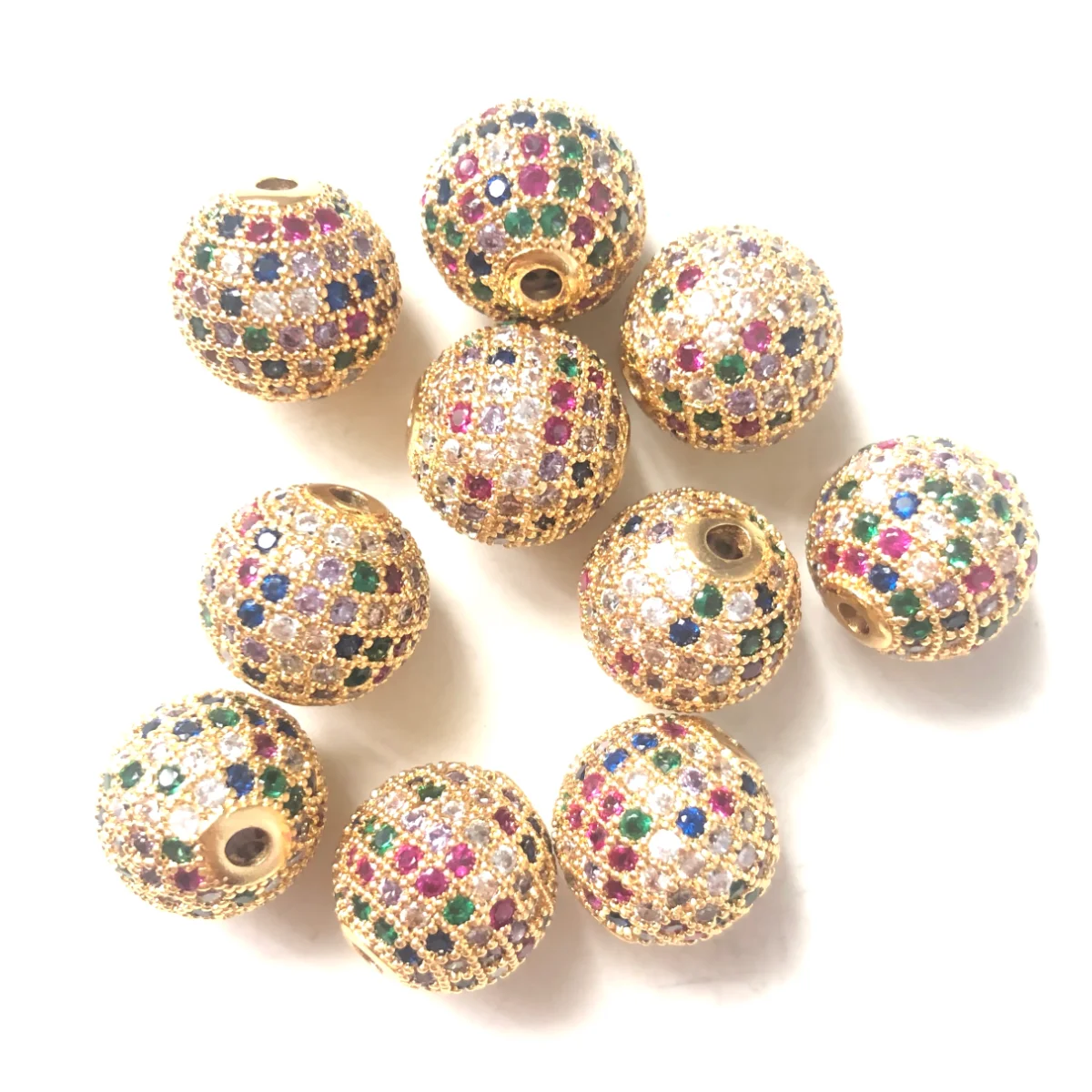 10pcs/Lot 10mm 12mm Multicolor Spacer Ball Beads for Bracelet Making Rhinestone Paved Accessory Brass Gold-Plated Waist Jewelry