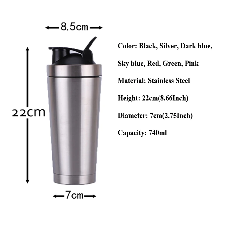 740ML Stainless Steel Protein Shaker Bottle BPA-Free Gym Shake Kettle Sport Milkshake Mixer Whey Protein Water Bottle