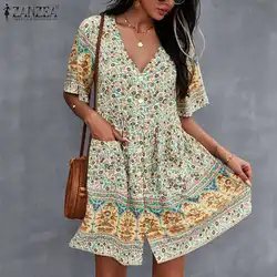 Ladies Holiday Button Vestidos Women Bohemian Printed  Sundress ZANZEA V Neck Mini Dress 2023 Summer Short Sleeve Floral Kaftan