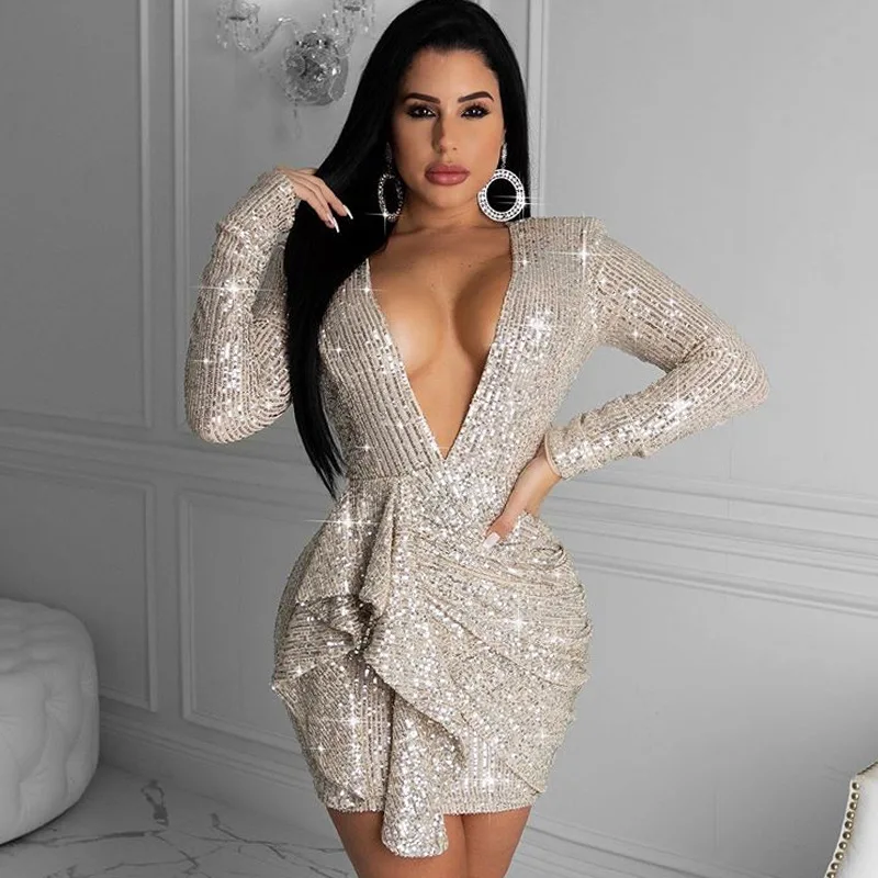 Hot Sale Short Evening Dresses Glitter Sequin Sexy V Neck Long Sleeves Tuxedo Blazer Gowns Girl Fashion Gown Party Wear In Stock