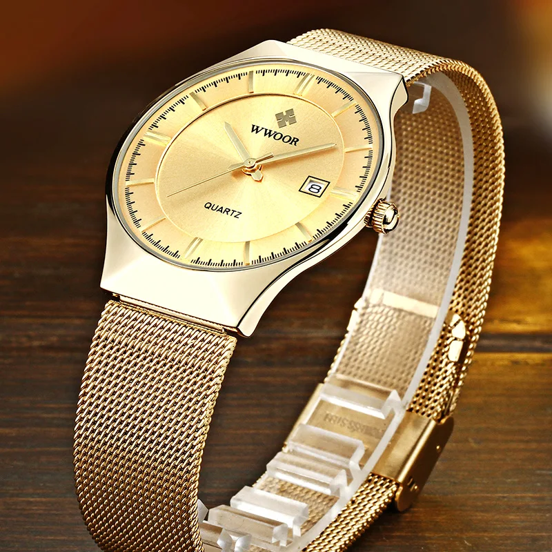 WWOOR Luxury Ultra Thin Mens Quartz Wristwatches Waterproof Casual Sports Mesh Steel Gold Automatic Date Watch Relogio Masculino