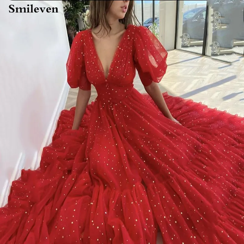 

Smileven Fairy Sparkly V-Neck Red Prom Dresses Puff Sleeves A-Line Short Evening Dresses Starry Tulle Ankle Length Party Dress