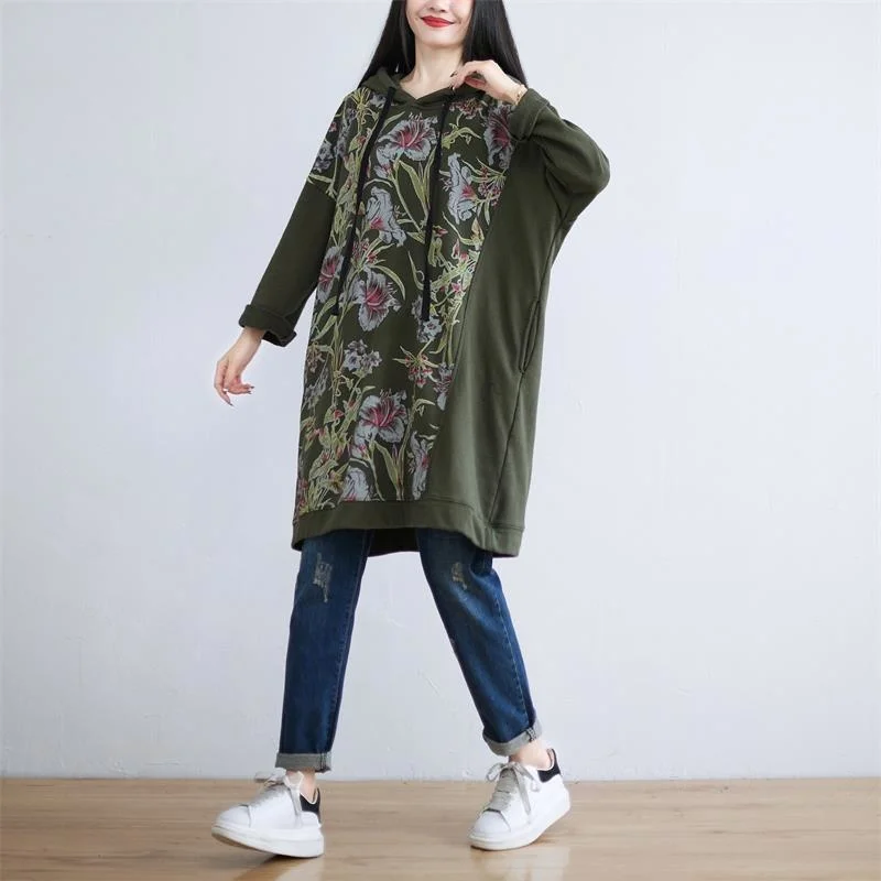 Masss Wasss 2021 Autumn Green Hooded Printed Punk Sweatshirt Womens Loose Casual Long Hoodies Female Flowers Harajuku Clothes