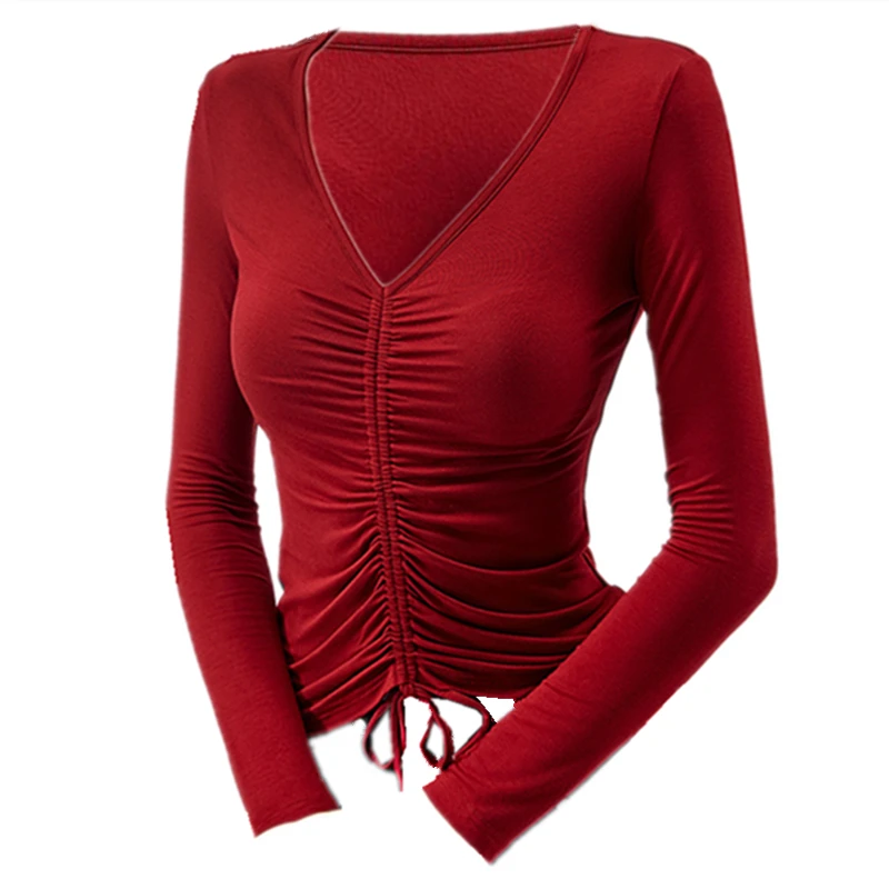 

Взрослые латинские женские танцевальные топы с длинными рукавами черного цвета пикантные костюмы для латиноамериканских танцев с v-образным вырезом Практика одежда Стандартный бальных танцев Одежда для латино-американских танцев топы