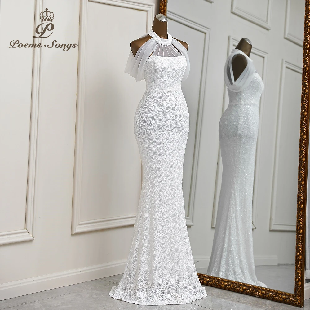 Robe de soirée de forme sirène pour femmes, tenue de fête élégante, blanche, éducative, 123