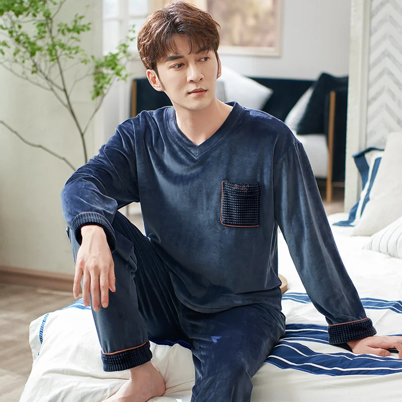 Men's Autumn And Winter Thick Island Fleece Pajamas Set Long Sleeve Fashion Splice Solid Warm V-Neck Sleepwear M-XXXL Pijamas