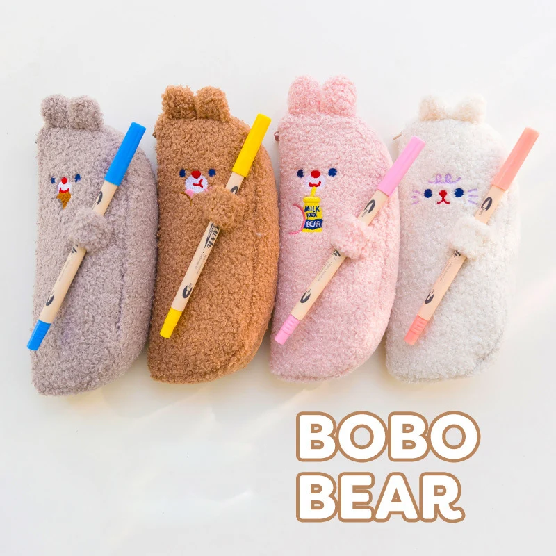 Cute Cat School Pencil Case Kawaii Bear Pencilcase for Girls Boys Pen Box Plush Big Cartridge Rabbit Penal Bag Stationery Kit