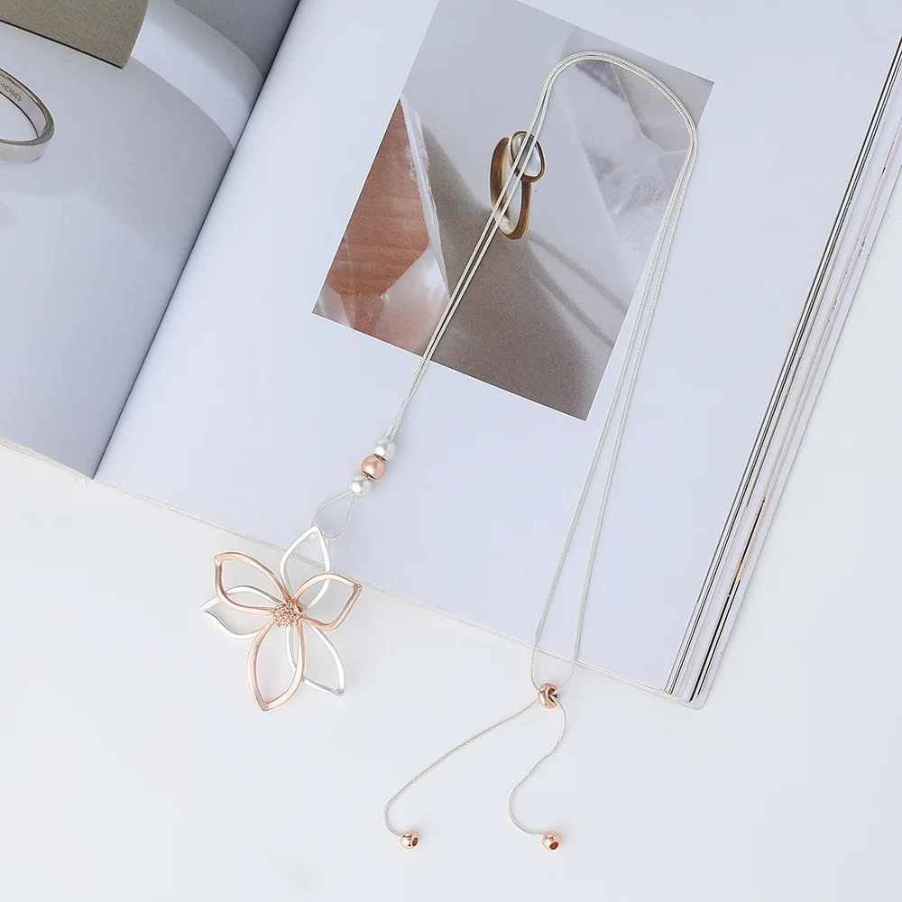 1 Piece Large Flower Metal Pendant Long Necklace Collier Femme Sweater Chain Necklace For Women