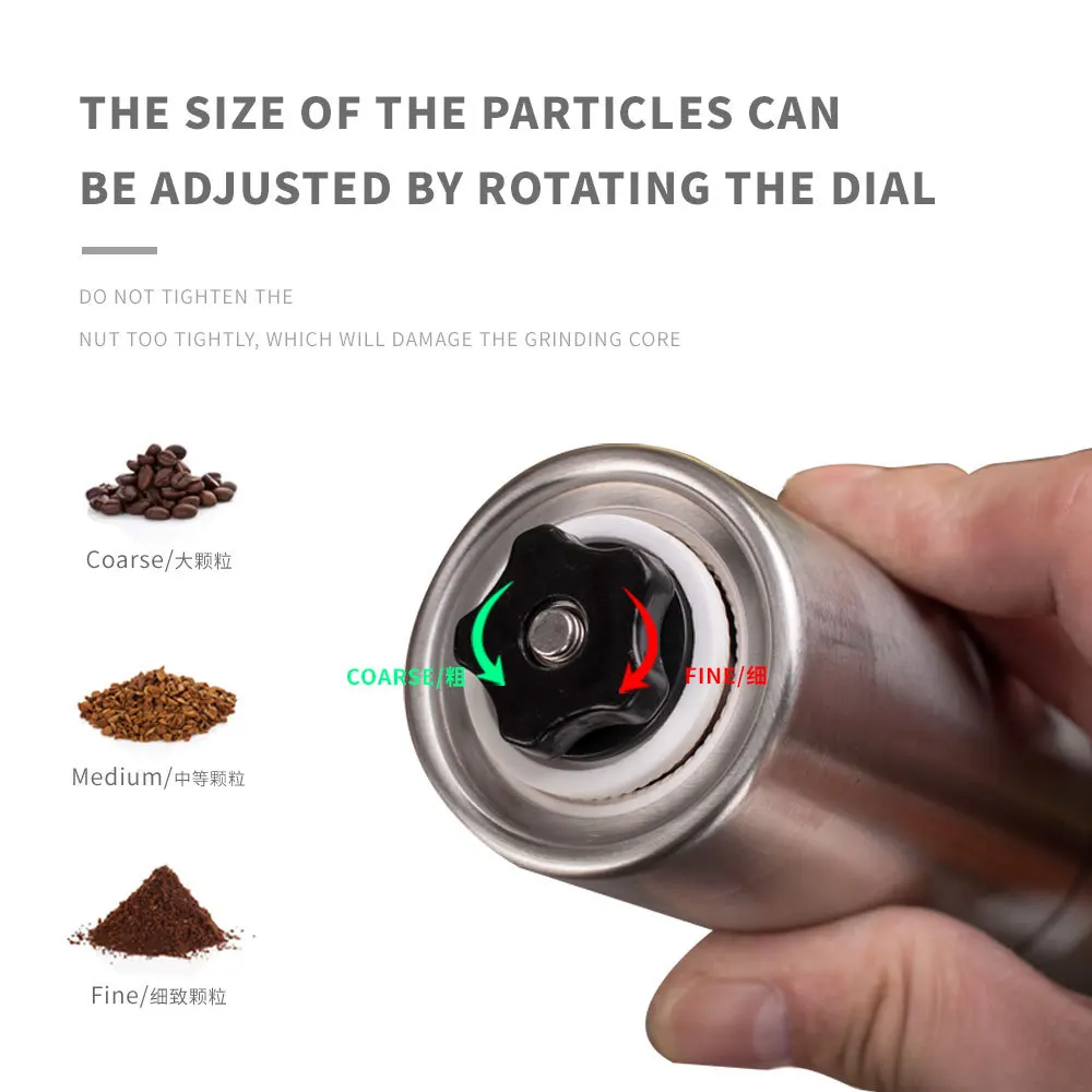 Macinacaffè portatile in acciaio inossidabile per uso domestico macinacaffè a manovella regolabile lavabile in lavatrice vita di qualità