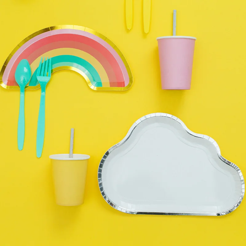 White Cloud Rainbow Party Favors Tableware Kids Birthday Paper Plates Cup Cartoon Dessert Cake Dish Wedding Decor Party Supplies