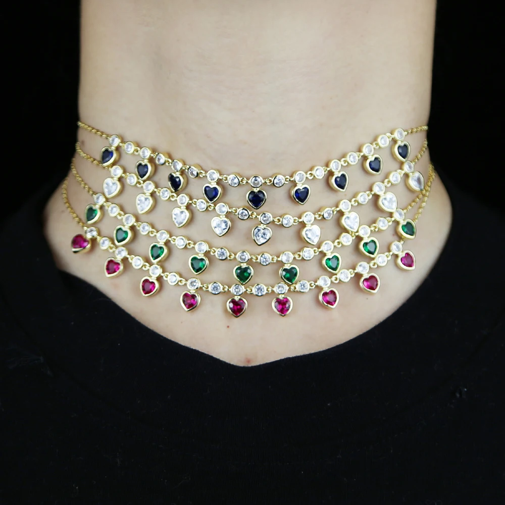 2026 High Quality Fashion Luxury 5mm Heart Choker Necklace Pave Red Green Blue White Crystal Wholesale Jewelry For Women Ladies