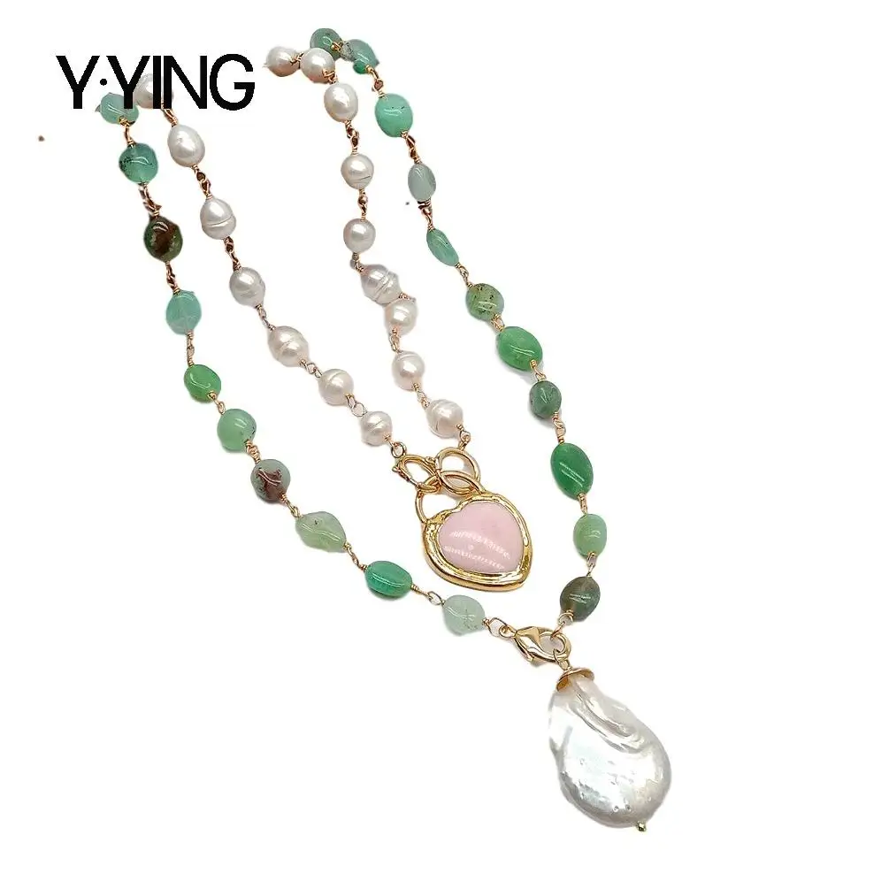 Y·YING Freshwater White Pearl Green Chrysoprase Pink Queen Conch Heart Pearl Charm Necklace 19